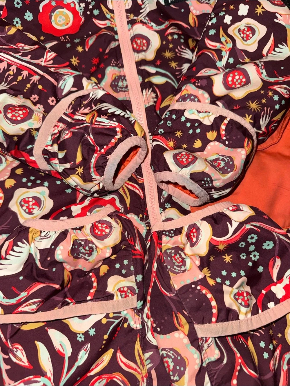 Patagonia Floral Hooded One-Piece Snowsuit in Burgundy and Red Accents